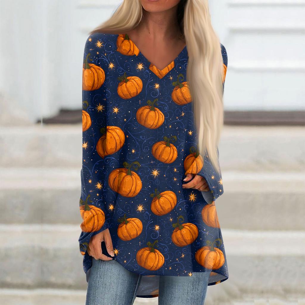 Ladies' Fashionable And Casual Halloween Printed T-shirt Long Sleeved V-neck Mid Length Top