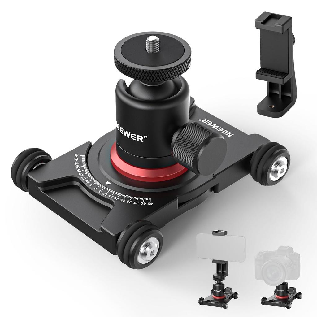 NEEWER Camera Slider Dolly with Ball Head Smartphone Tabletop Manual Mirrorless Mini Android SD001 & Clamp, 4-Wheel Dolly, Skater, 360° Panorama,