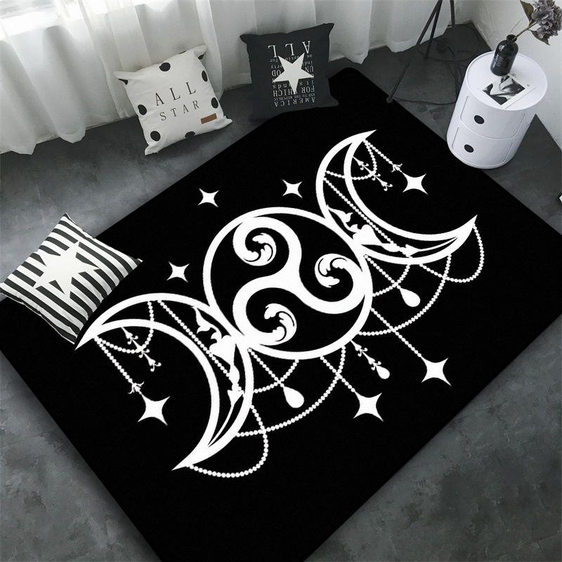Triple Moon and Pentagram Altar or Tarot Witchy Floor Mat Black Witch Rug Gothic Decor Phases Divination Runic Carpet