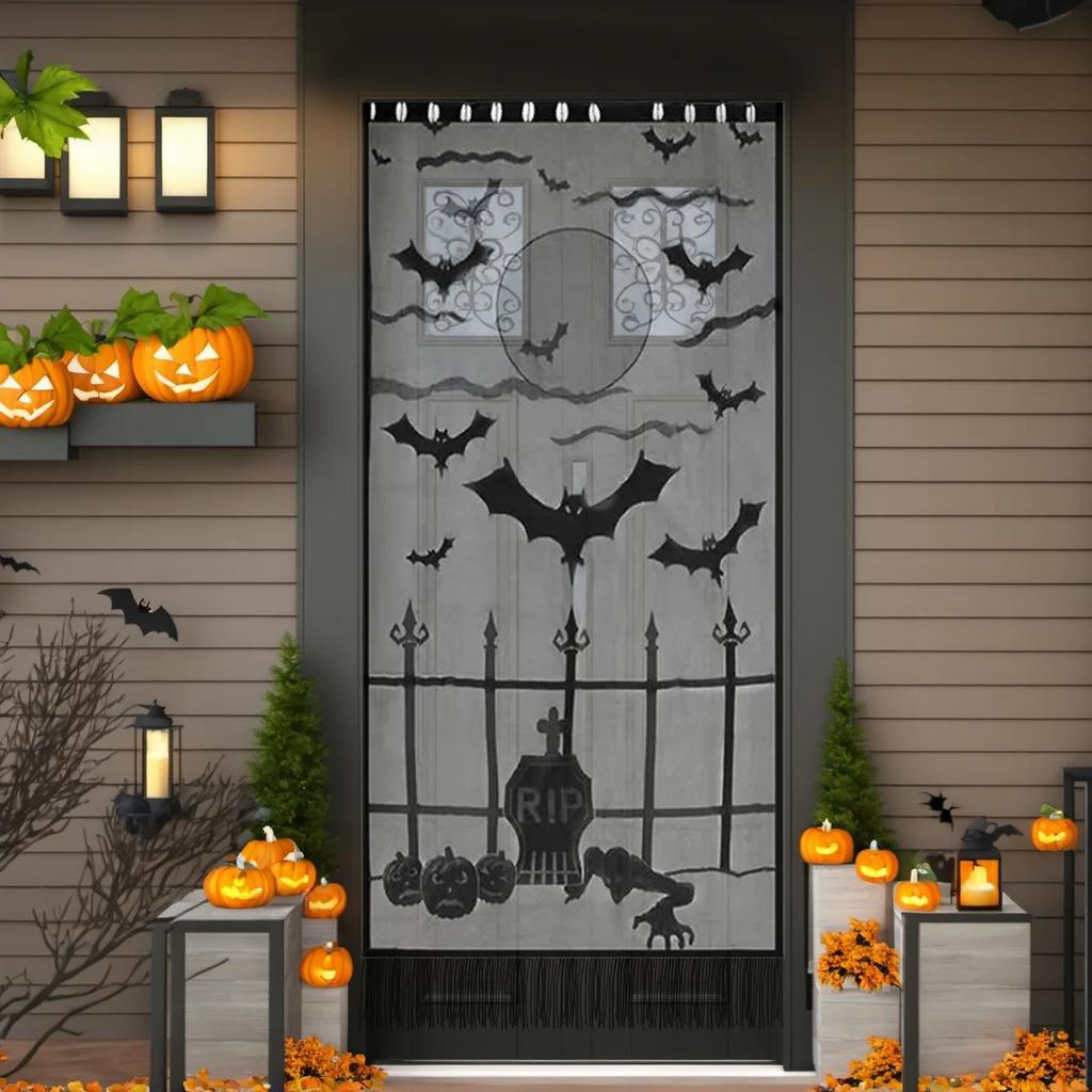 Haunted House Spider Web Curtains Bat Motif Black Lace Gothic Door Window Panel Scary Halloween Seasonal Decoration Drapery