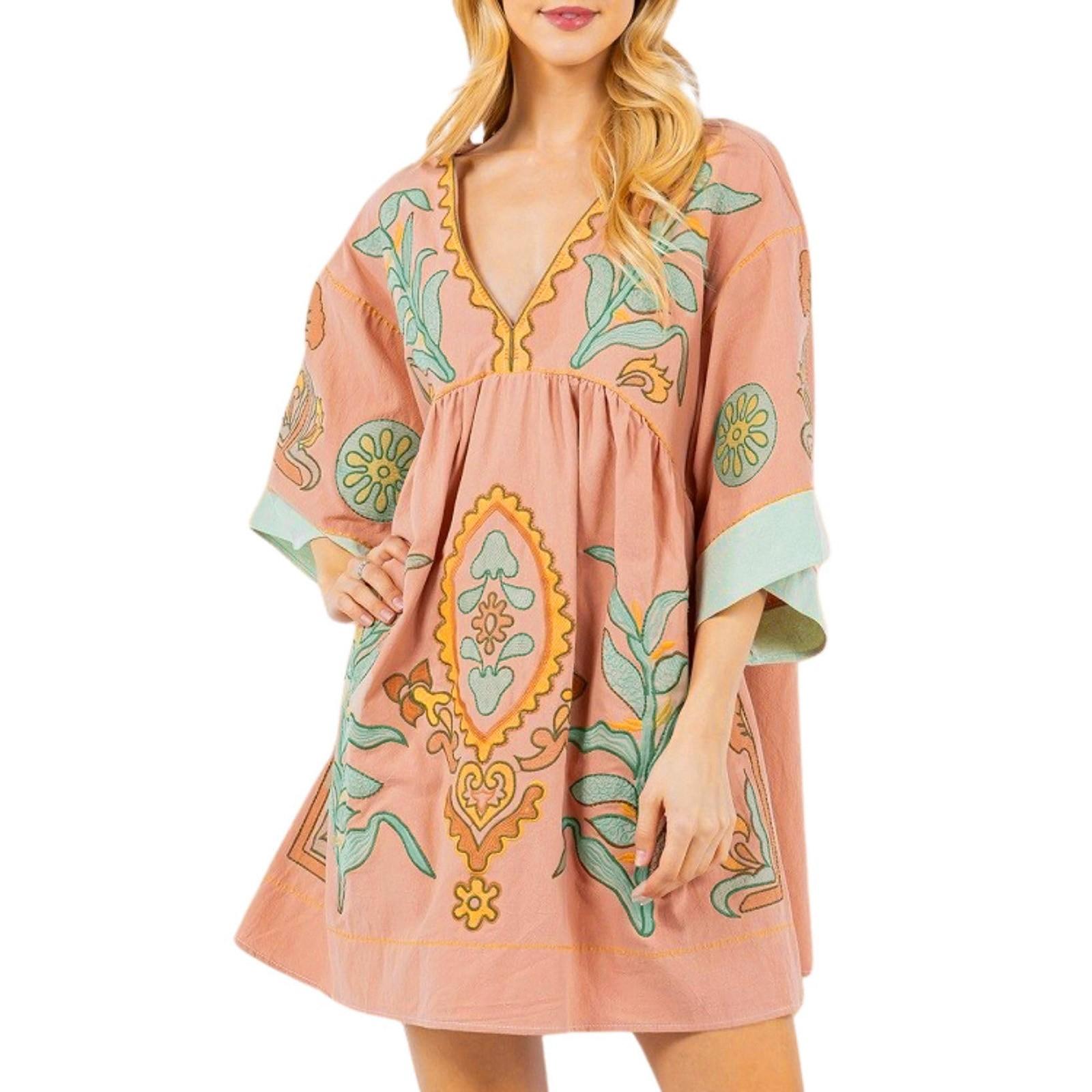 

Женское платье с принтом, V-образным вырезом и рукавами 3/4, свободное винтажное платье-бэбидолл с принтом XL розовый