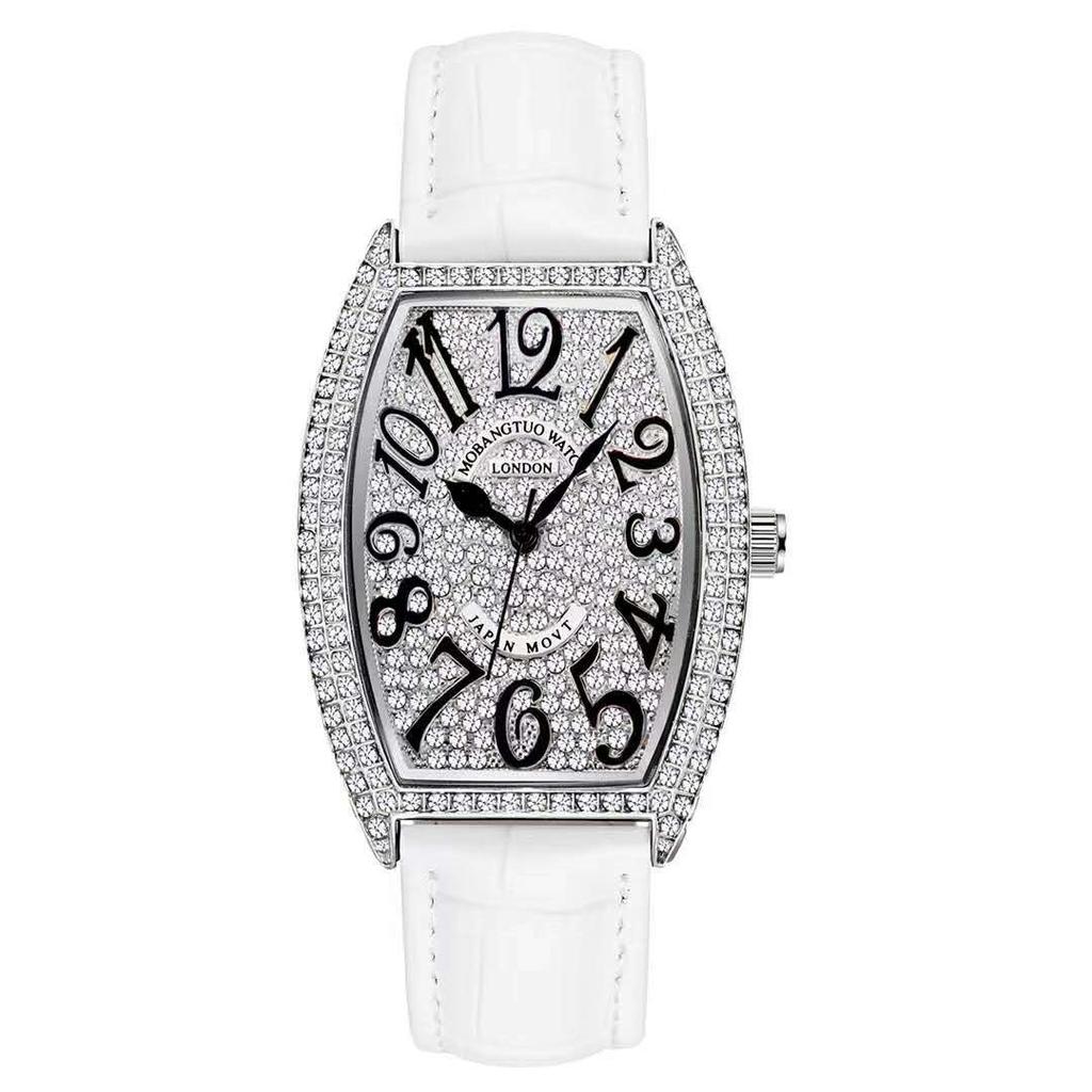 Voll Diamant Digitales Zifferblatt Mode Damen Armbanduhr Weinfass Lederarmband Studenten Trend Uhr