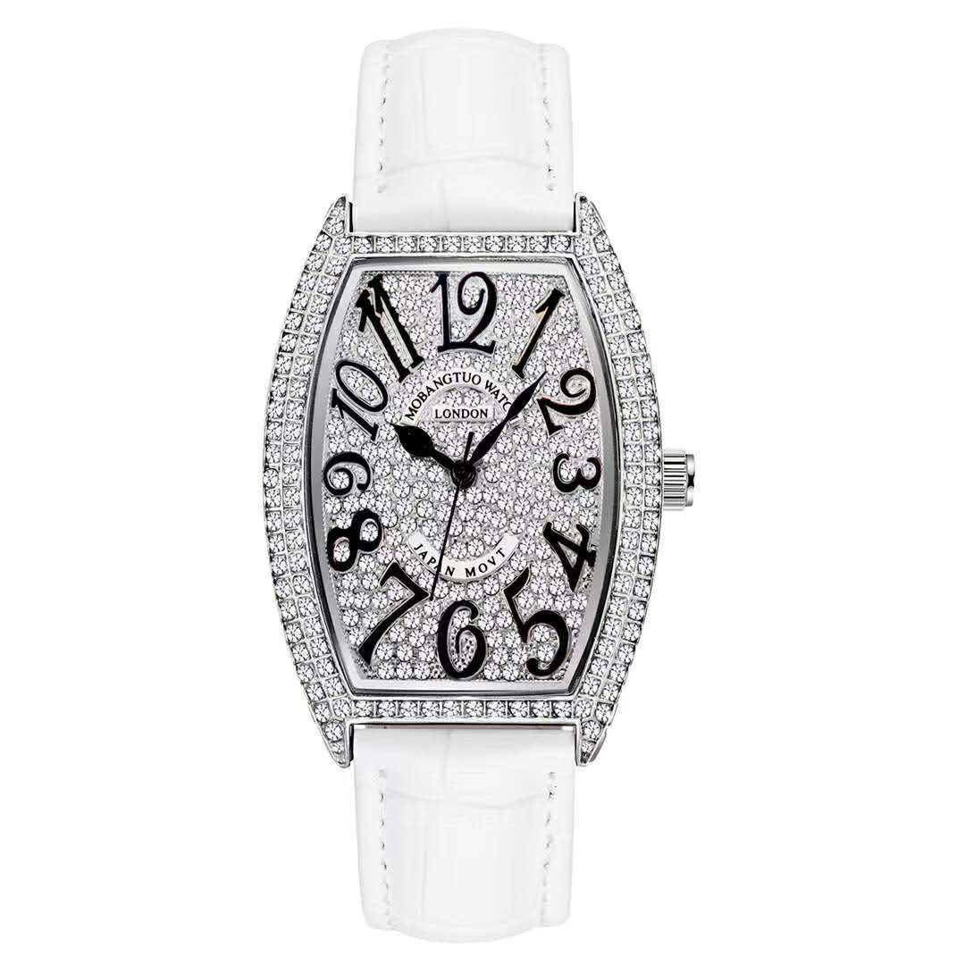 Support Full Diamond Digital Face Fashion Women S Watch Wine Barrel Leather Belt Student Trend Watch