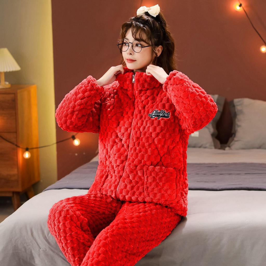 Women's Quilted Fleece-Lined Winter Pajama Set - Plus Size, Cute, Thick, Round Neck Homewear.