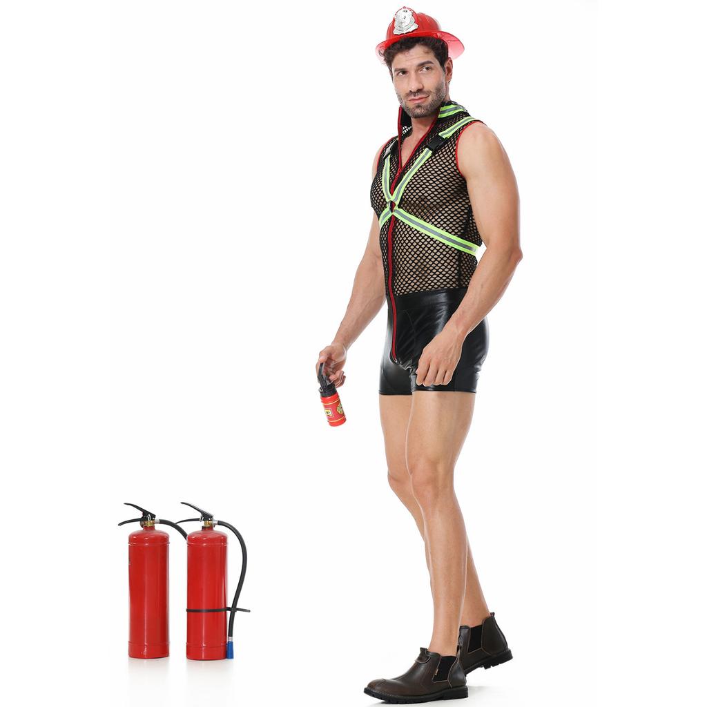 Cosplay reflektierendes Feuerwehrmannkostüm, lustiges Partykostüm für Jungen, Mesh-COS-Feueranzug für Männer