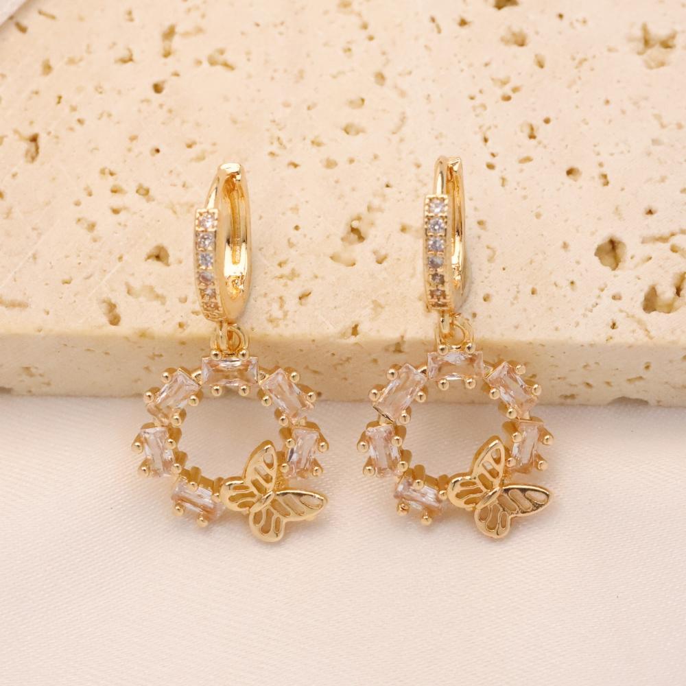 

1 пара роскошных круглых серег-подвесок с цирконием и бабочкой для женщин, золотые серьги, ювелирные украшения, аксессуары для свадебной вечеринки золотой
