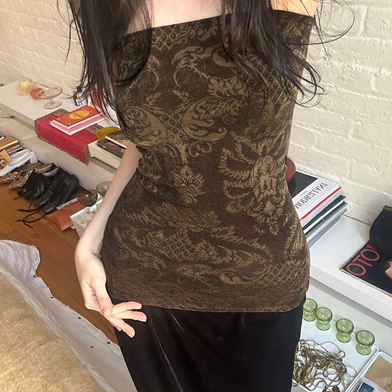 

H Family European and American Women s Clothing Millennium Sexy Vintage Style Totem Print Tube Top Retro Tight Sleeveless Inner Match Tops Fashion Brown S