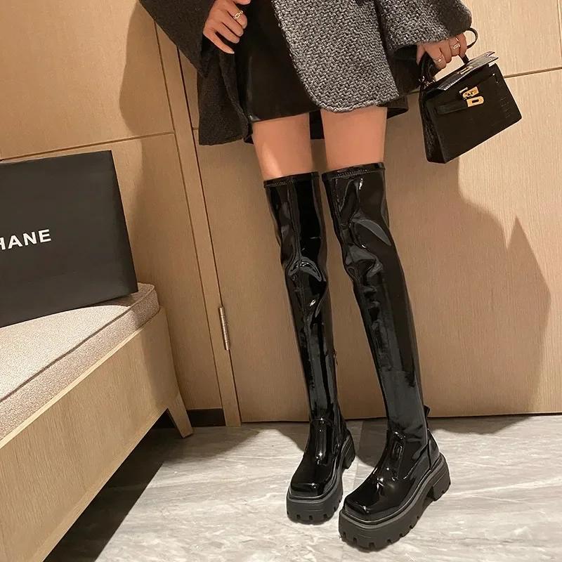 Autumn Zipper Modern Boots  Over-the-Knee Square Toe Ladies Shoes 2024 Hot Sale Solid Fashion Platform Water Women's Boots
