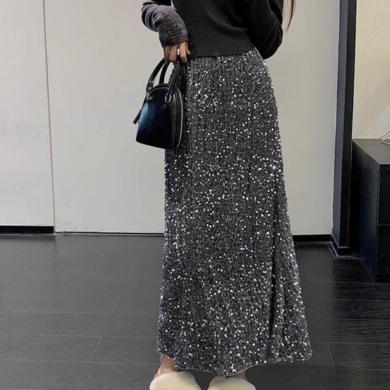 Damenrock Einfarbig Glänzende Pailletten Dekoration Midirock Elastischer Hoher Bund Rückenschlitz Design Rock Strandhochzeiten Rock