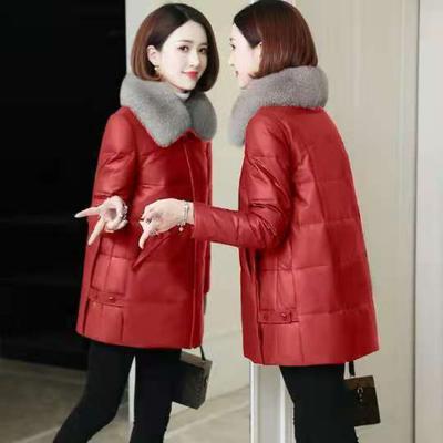 Leather Jacket Women's Winter Imitation Fox Fur Collar Down Cotton Clothing Women's Medium and Long Imitation Fur