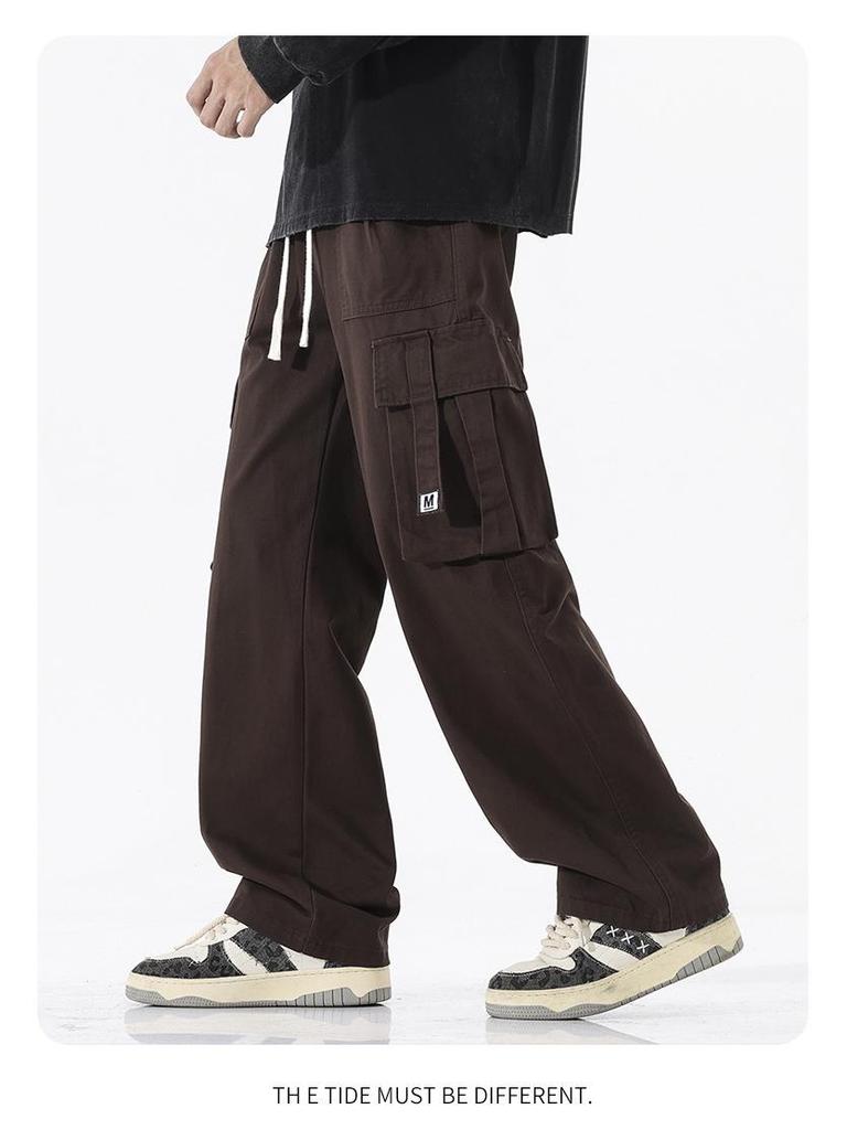 LKTM Men's Retro Multi-Pocket Cotton Drawstring Overalls - Loose Fit Casual Pants