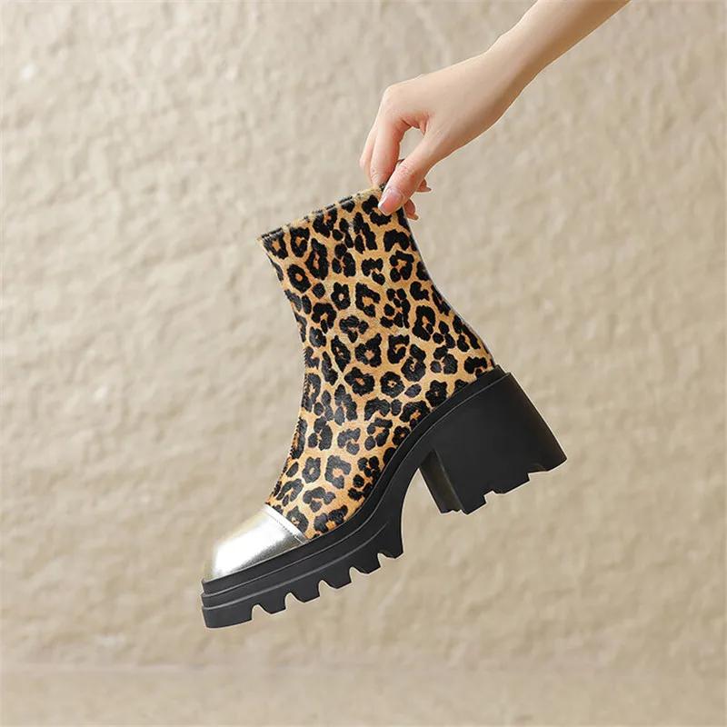 Fashion 2025 Autumn Leopard Horsehair Women Boots Square Toe Platform Boots for Women Fashion Short Boots Winter Boots Zapatos De Mujer
