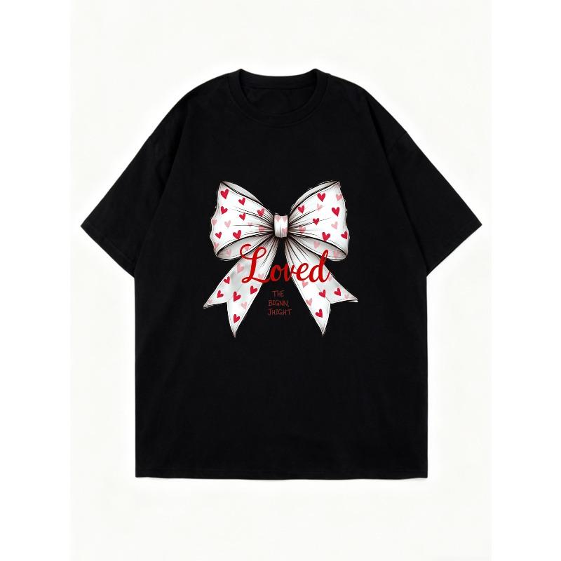 Oversized T-Shirt Black Bow With Hearts And Loved Text Graphic Print Casual Streetwear For Women