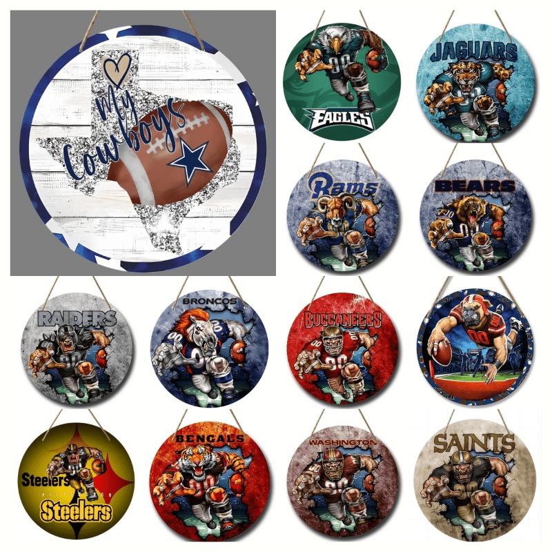 

Американский футбол круглый деревянный знак, домашний праздник, фестивали, передняя дверь, настенный художественный знак, декор, подарок для поклонников регби Wood