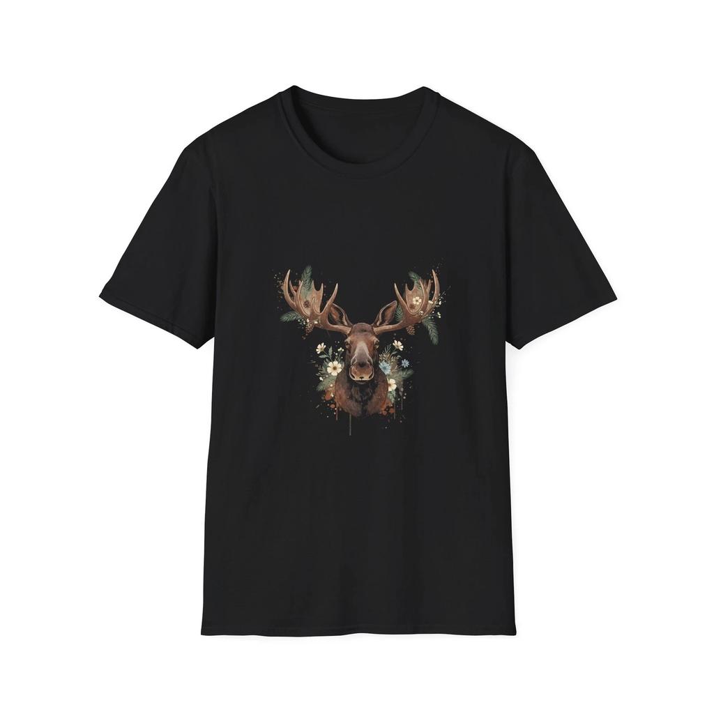 Moose Forest Nature Watercolor Vintage Black Tee Wildlife Graphic T-Shirt