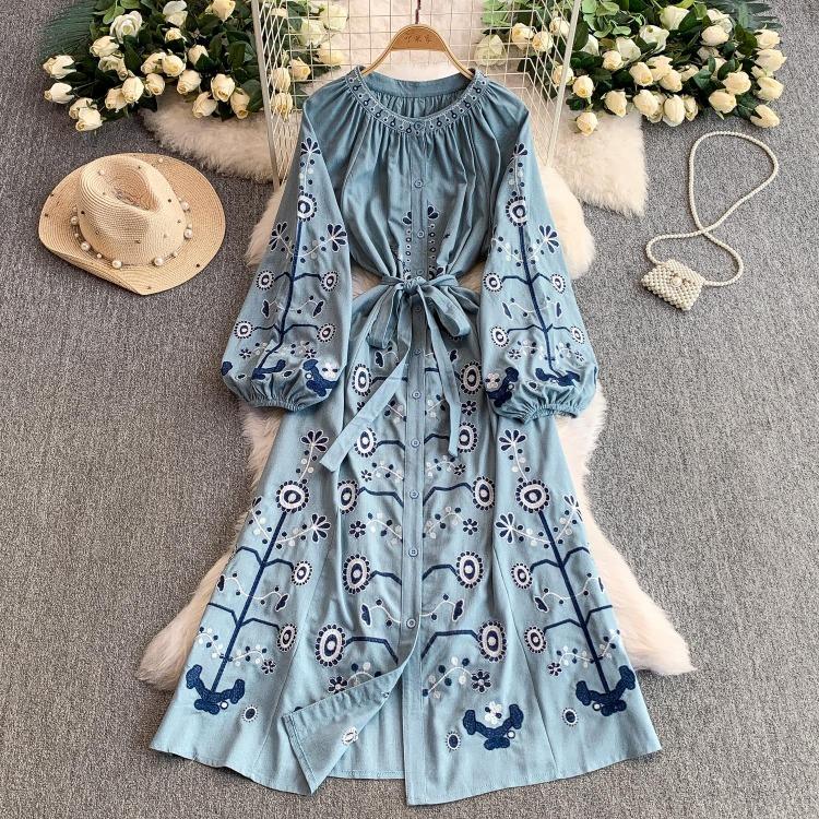 Vintage Embroidered Bandage Dress for Women Bohemian Lantern Sleeve Long Dress with Buttons Spring Autumn Vestidos Mujer