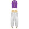 Mens Arabian Prince Costume Shiny Gold Trim Vest and Patchwork Lantern Pants for Cosplay Halloween Theme Party Curved Waistcoat