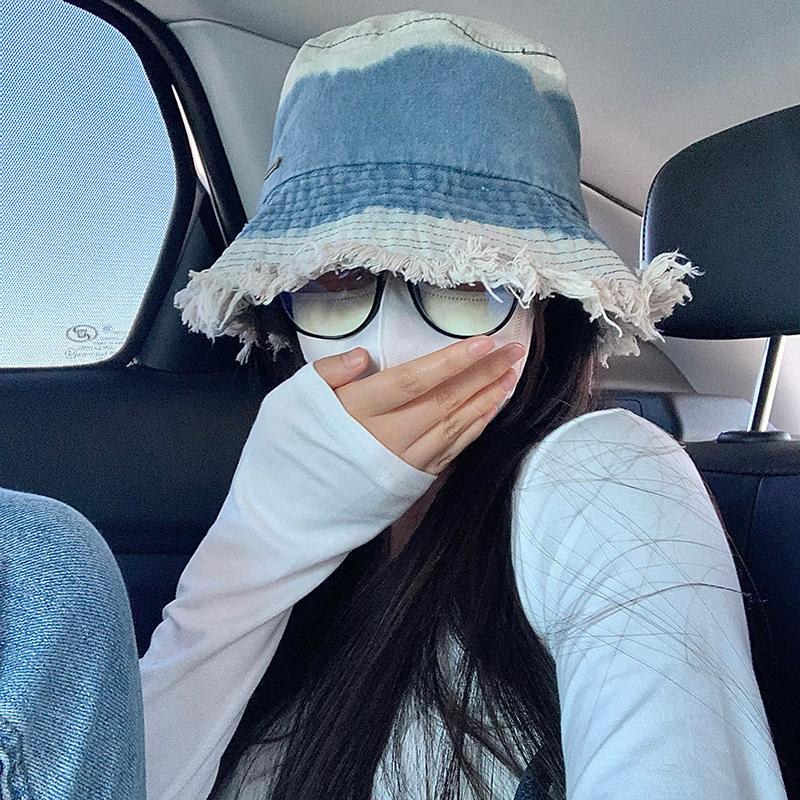 Custom Logo Foldable Tassel Bucket Hats Women Men Vintage Gradient Denim Flat Roof Fisherman Cap Outdoor Wide Brim Beach Sun Hat