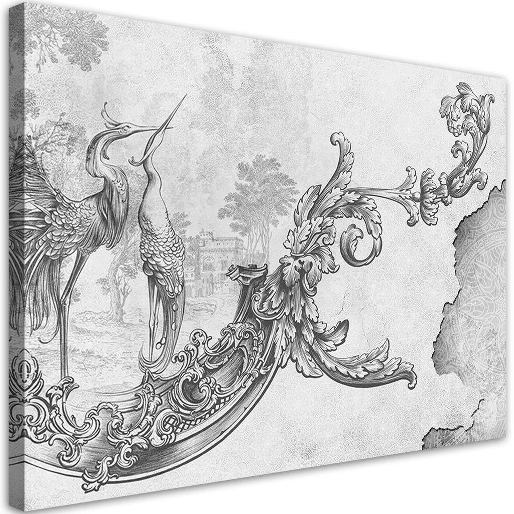 Canvas Print, Wild Birds and Leaves On an Oriental Fresco