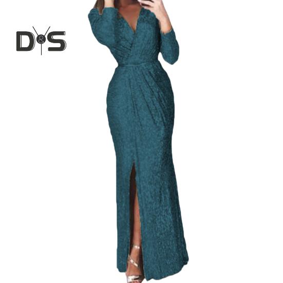 Abendkleid für Damen, tiefer V-Ausschnitt, Pailletten-Dekor, lange Ärmel, elastische Taille, plissiert, geteilter Saum, einfarbig, formelle Anlässe, Hochzeit, Party, Abschlussball, Maxikleid