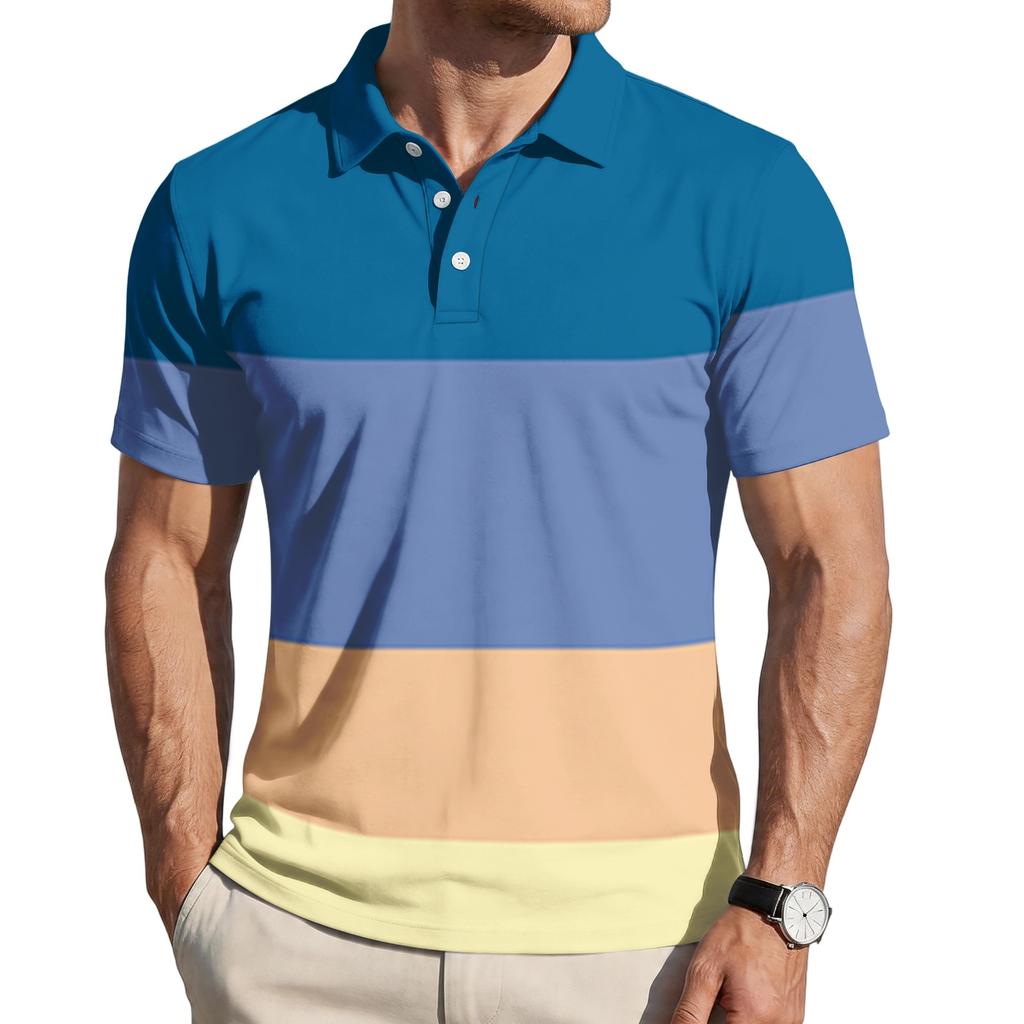 Mens Loose Fit Casual Striped Print Short Sleeve Polo Shirt with Turn Down Collar Soft Breathable Fabric for Everyday Wear
