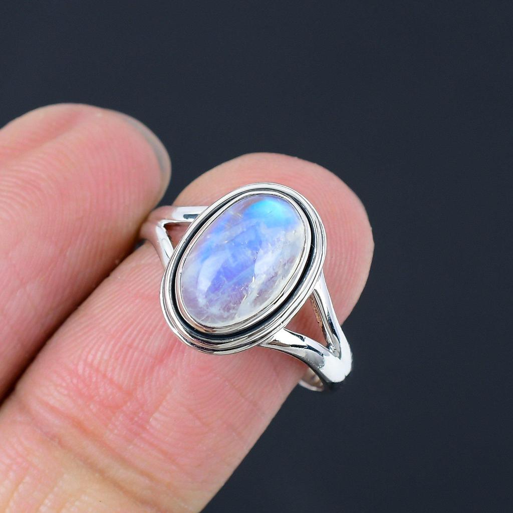 Natural Rainbow Moonstone Solid 925 Sterling Silver Split Shank Handmade Ring Jewelry For Women & Girls