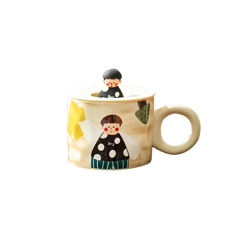 Retro Boy And Girl Couple Water Cup Ceramic Cup With Lid Pair Couple Breakfast Cup Coffee Cup