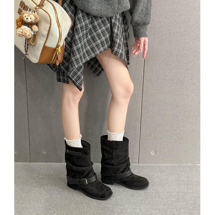 Retro square head pleated sleeve thick-soled stacking boots 2025 autumn and winter double-breasted belt buckle thick heel short tube Martin boot