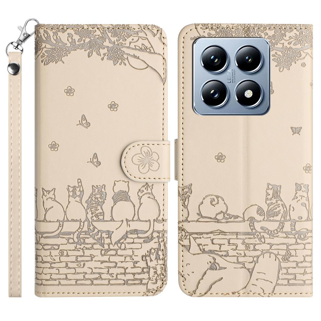 For Xiaomi 14T Pro Case with Wrist Strap Leather Phone Cover Wall Cats Pattern