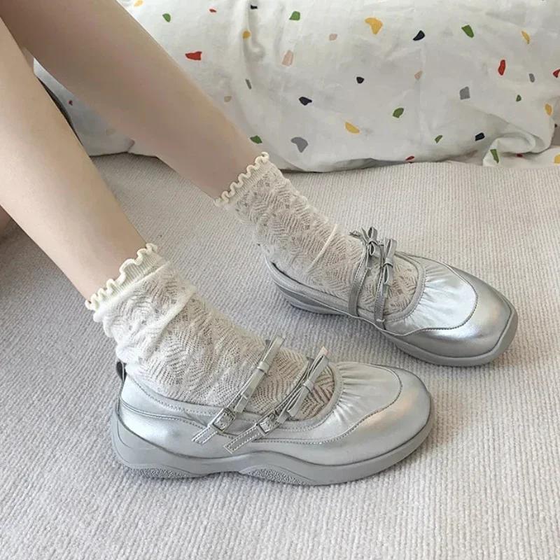 Silver Mary Jane Shoes for Women Sneakers New 2025 Fashion Bowknot Belt Buckle Casual Shoes Soft Leather Platform Walking Flats