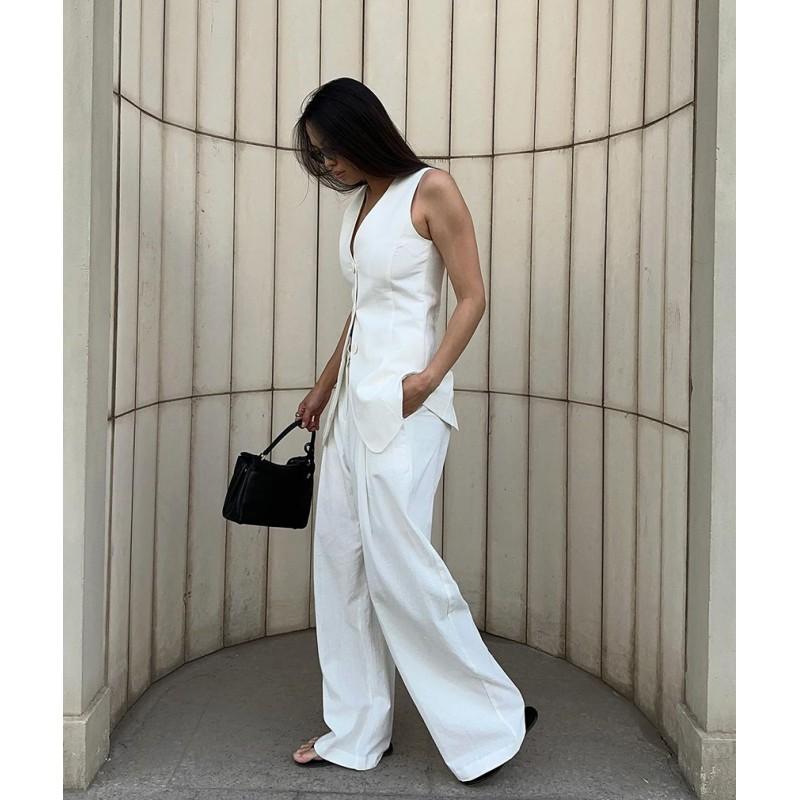 Womens V-Neck Sleeveless Vest Pants Set Cotton Linen Blend Office Workwear Solid Color Fashion Casual Two-Piece Outfit
