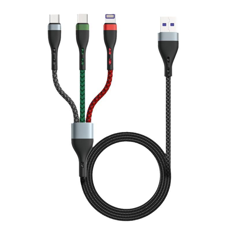 3-in-1 66W Fast Charging Cable for Apple/Android, 6A Aluminum Alloy Braided.
