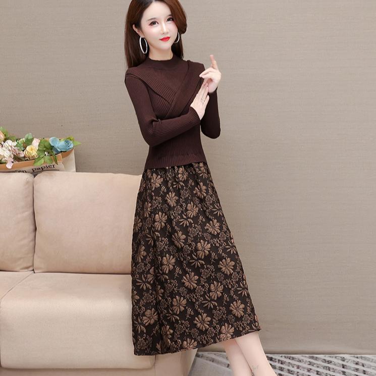 Knitted Long Sleeved Dress Women's Western-style Fake Two-piece Warm Knit Dress Casual Long Sleeved Pullover