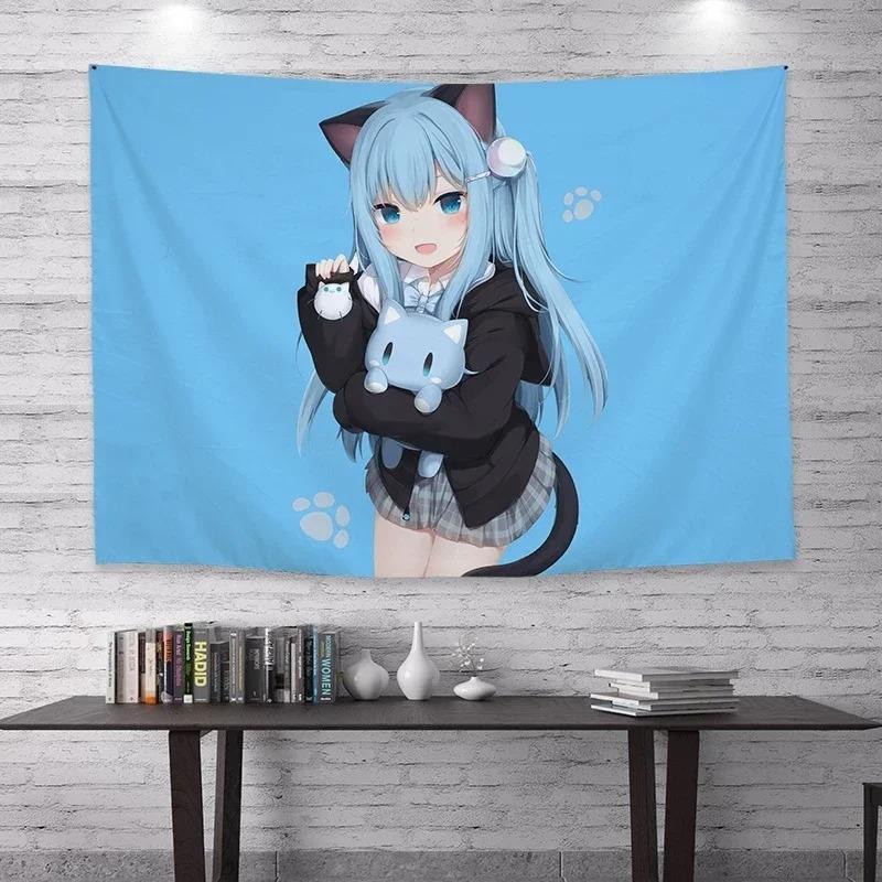 Kawaii Nekomimi Girl Tapestry Soft Blue Bed Print Polyester Wall Hanging Cute Anime Themed Home Decor for Bedroom  Dorm
