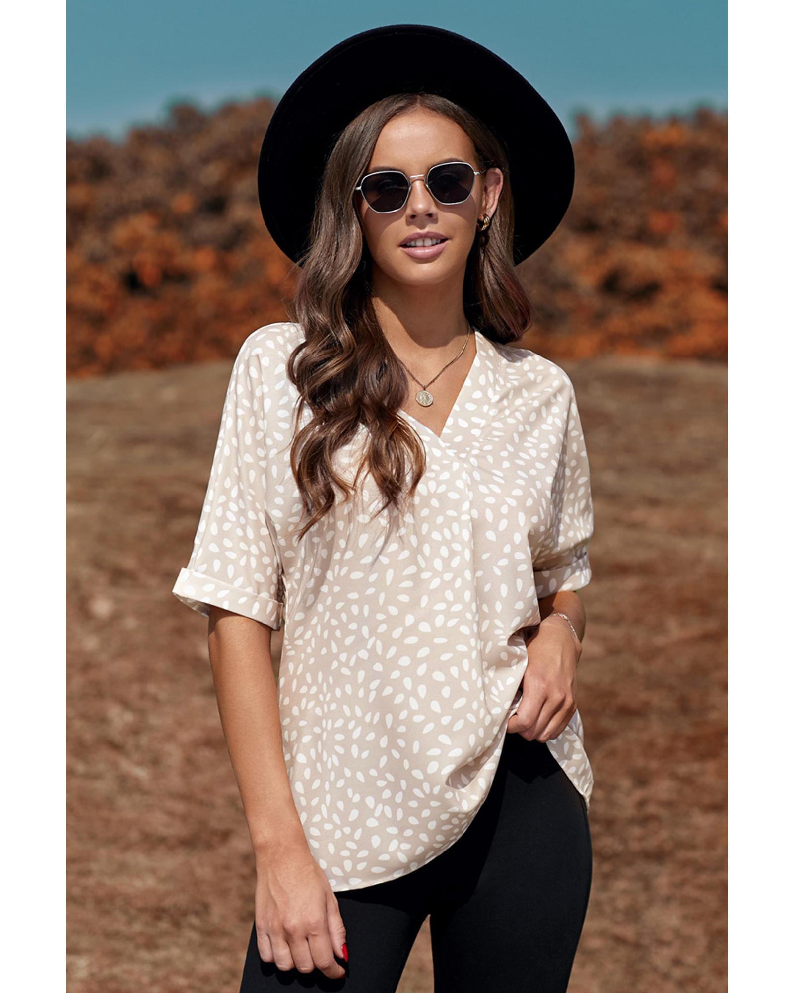 

Azura Exchange Apricot Animal Print V-neck Rolled Sleeve Tunic Top S абрикосовый