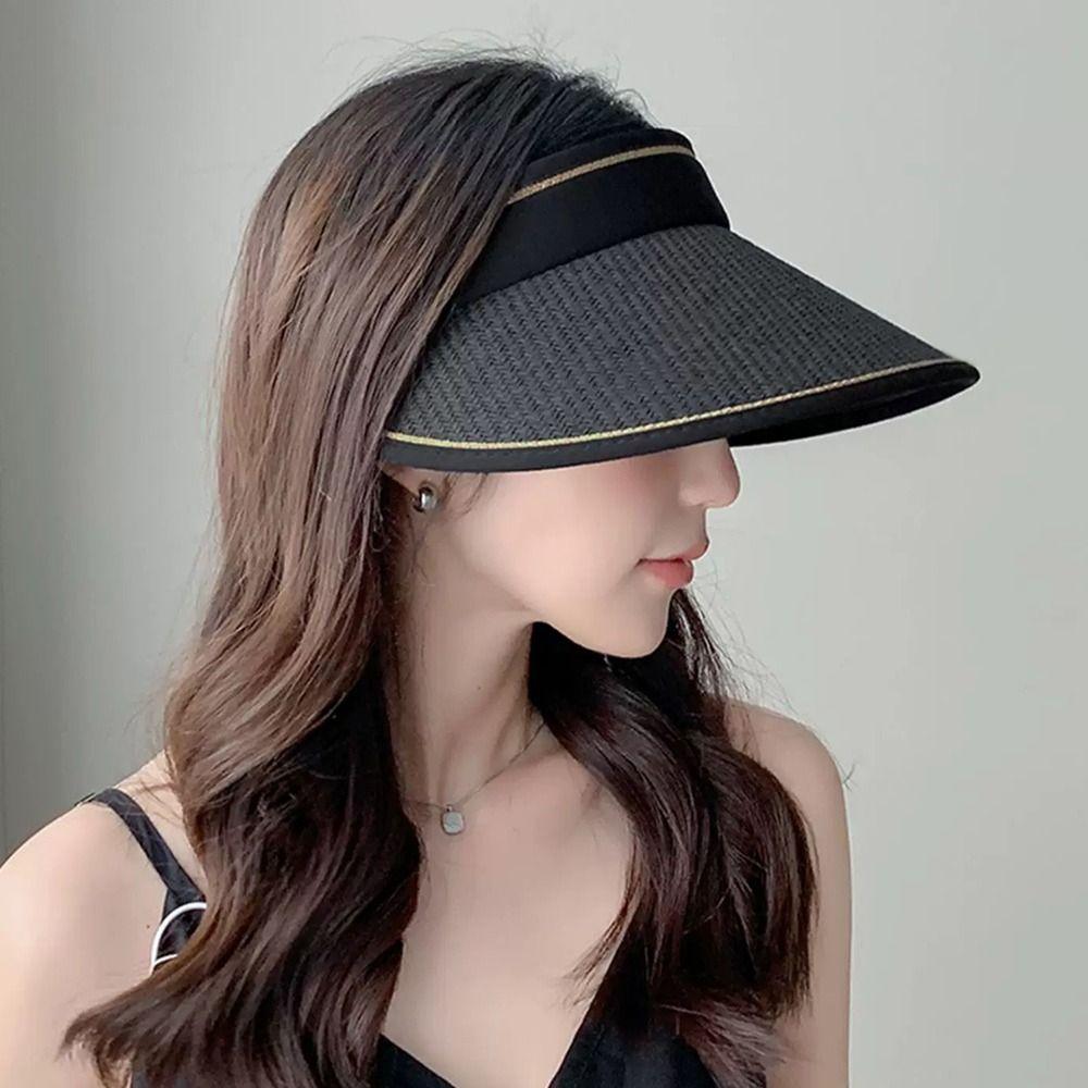 Hollow Straw Wide Brim Hat Woven Straw Beach Hat Visor Design Sun Hat  Casual Wear