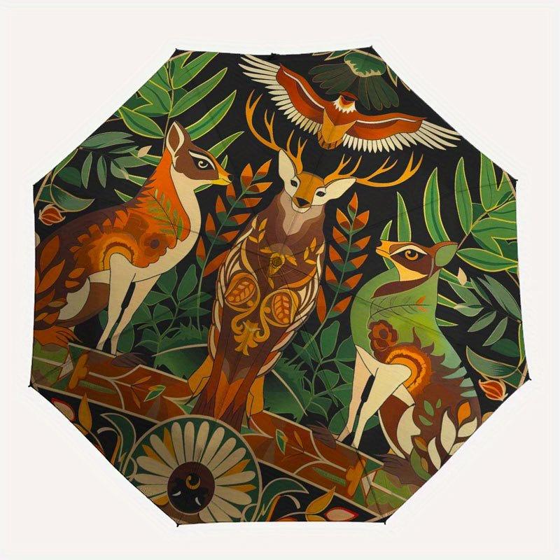 Nature's Harmony: Circular Art Print with Wildlife Motifs Umbrella, Cute Umbrella with Cute Design, Portable 3-Fold Compact Umbrella for Men & Women,