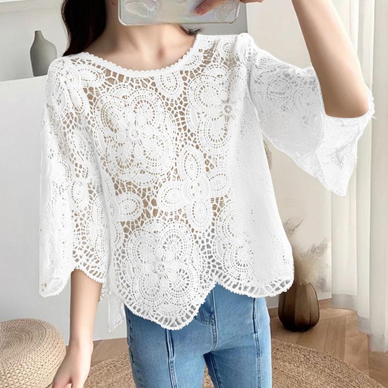ZANZEA Women Summer Casual 3/4 Sleeve Loose Hollow Out Lace Crochet Blouse