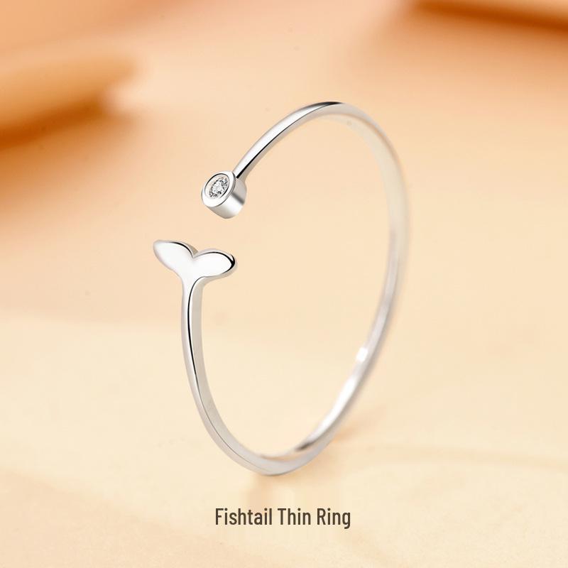 S925 Sterling Silver Fishtail Ring: Cute, Simple, Thin Band, Adjustable Index Finger Ring for Women