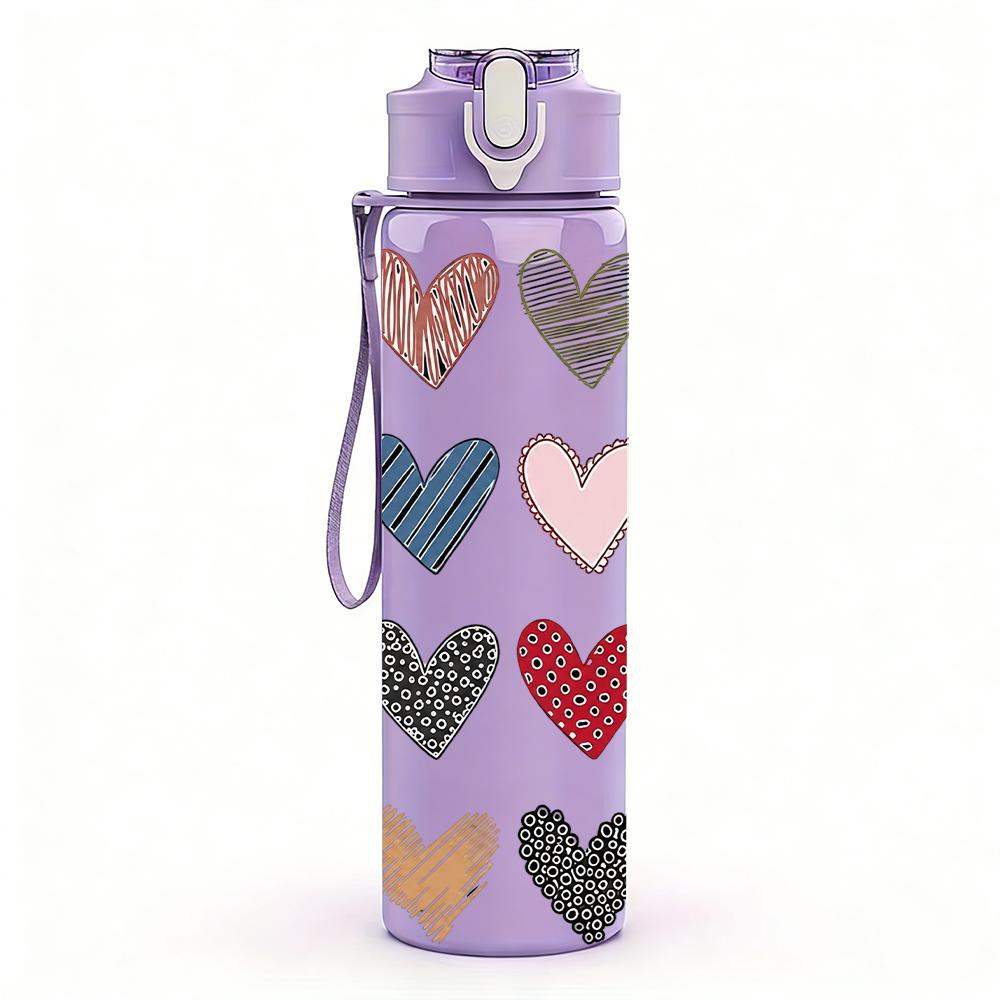1PC Multi Pattern Heart Grid Layout 750ml Color Plastic Sports Water Bottle Leakproof Flip Straw Lid Suitable for Sports Office Home Use