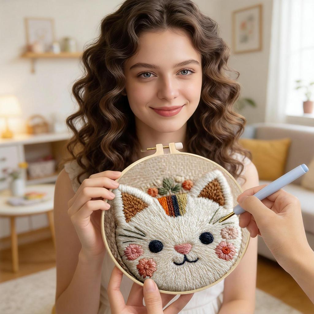 Punch Needle Kit Cute Cat Theme Embroidery Set Needle Punch for Adults Beginners Kids Stress Relief Toys Birthday Party Gifts