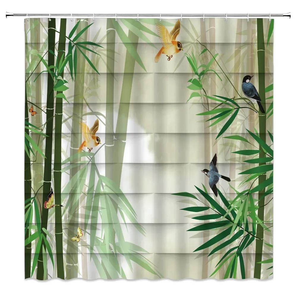 Panda Bamboo Shower Curtain, Cartoon Funny Cute Blue Sky Rainbow Kids Bamboo Forest Animals Birds, Bathroom Decorative Fabrics