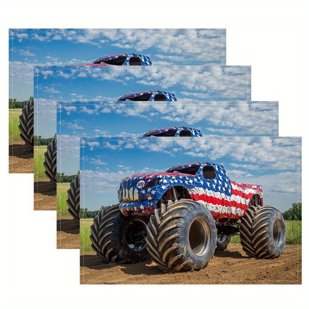 4pcs, Linen Placemat American Flag Monster Truck Design Patriotic Decor Kids Room Kitchen Table Mat Dining Accessory Gift 4PCS