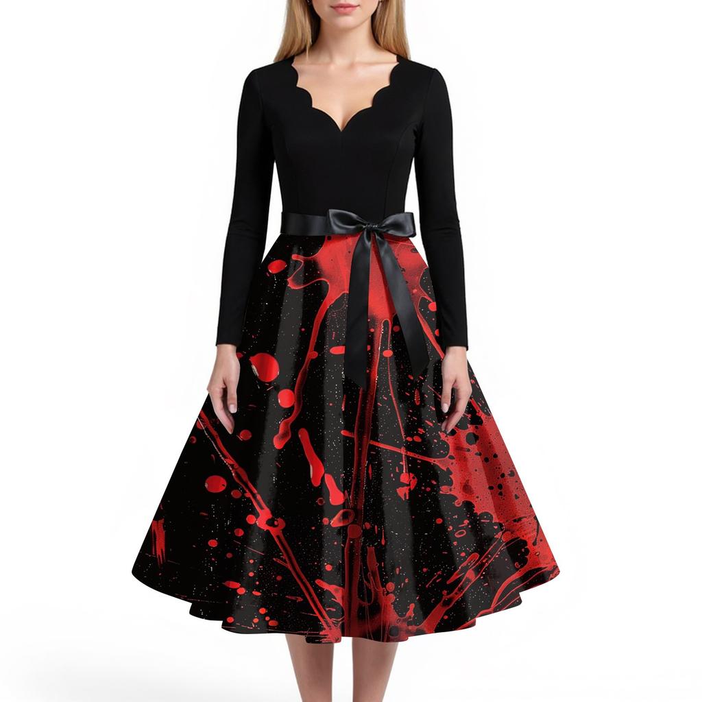 Women's Casual And Fashionable V-neck Long-sleeved Halloween Printed Dress