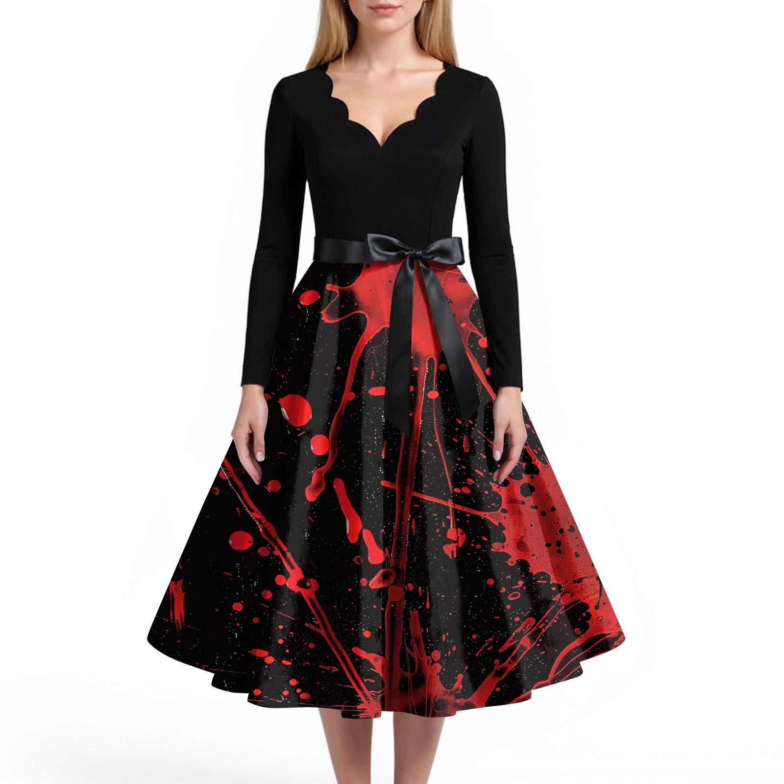 

Women s Casual And Fashionable V-neck Long-sleeved Halloween Printed Dress L чорний