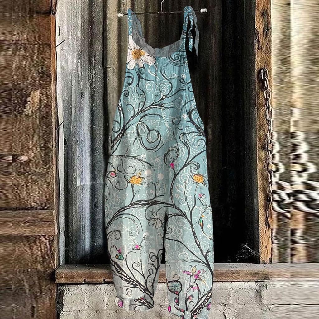 Women's Jumpsuit Floral Print Casual Loose Vintage Shoulder Strap Cotton Linen
