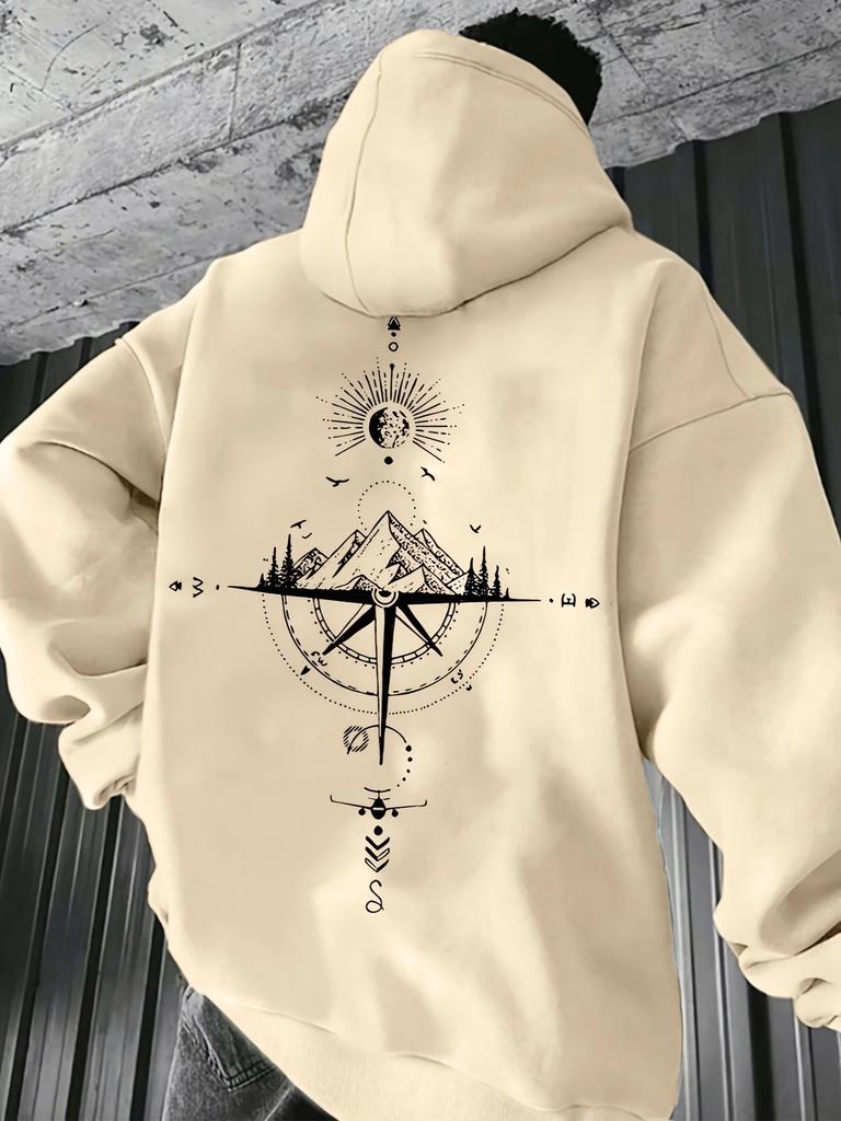 Adventure Compass Mountain Theme Kids Hip Hop Sports Hooded Sweatshirt,nature travel art graphic,comfy loose fit for casual sports outing.