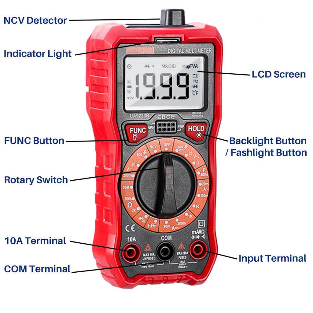 Multimeter Tester,4000 Counts Volt Meter Auto-Ranging Ohmmeter Digital 1.5v/9v/12v Battery Measure Voltage Current Resistance