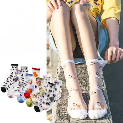 Summer Ultra-thin Transparent Crystal Silk Socks Cartoon Animals Socks Women Casual Breathable Elastic Lace Socks Japanese Style