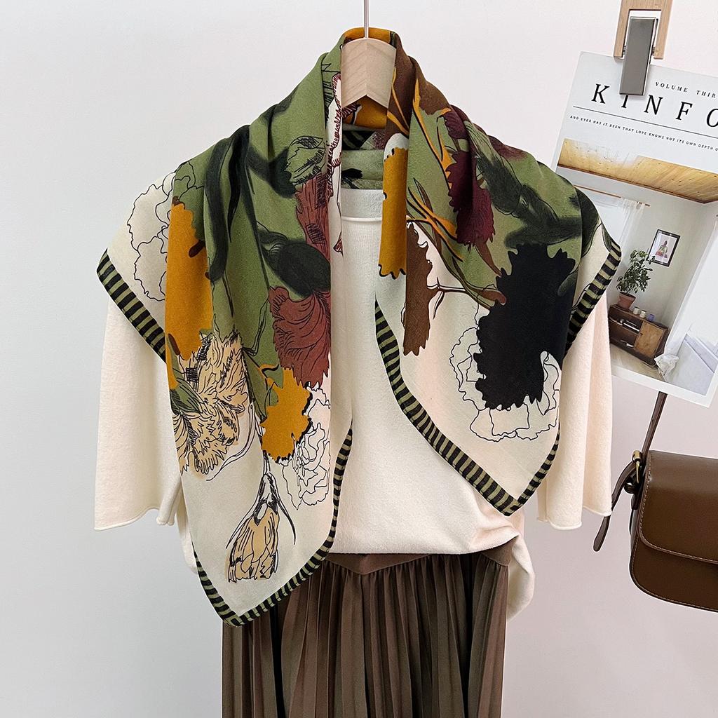 Color Matching Plant Flower Silk Scarf Four Seasons Foreign Gas Cotton And Linen Square Scarf Thin Windproof Neck Protection Scarf Decoration